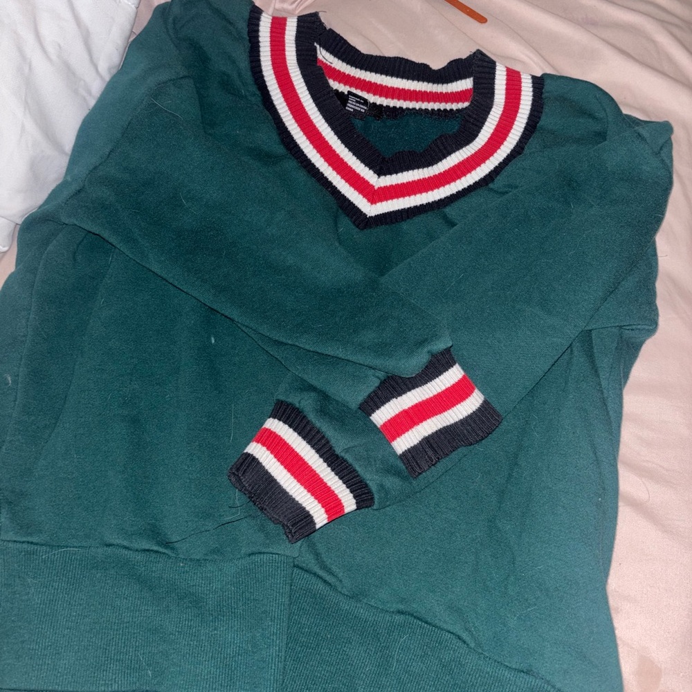 Green V-Neck Sweater with Striped Trim